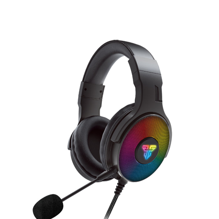 Fantech Fusion HG22 RGB gaming headset, black, with rainbow RGB earcups and microphone.
