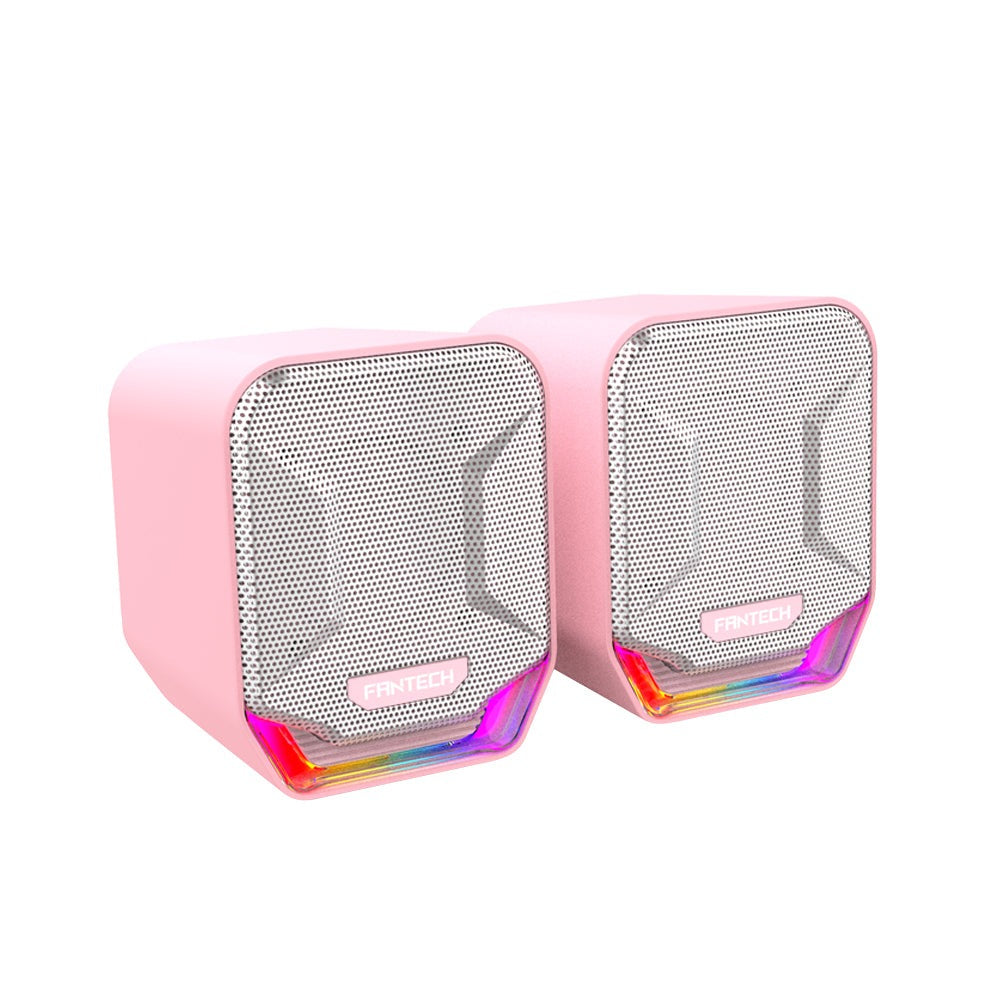 Fantech Sonata GS202 Sakura Edition RGB gaming speakers in pink with RGB lighting.
