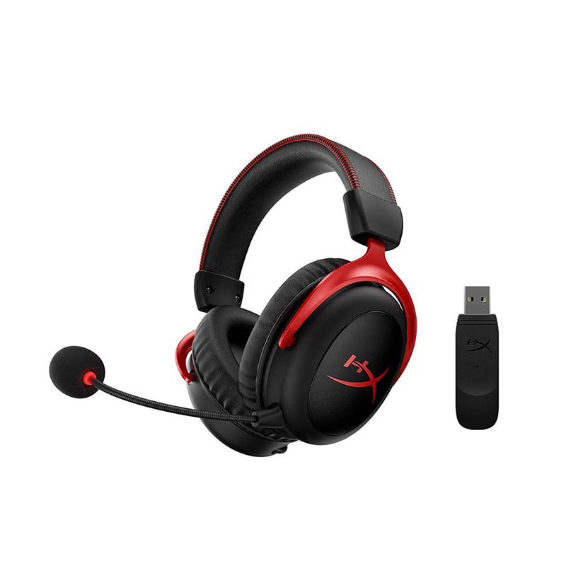HyperX Cloud II Wireless Gaming Headset, black and red, with USB adapter.