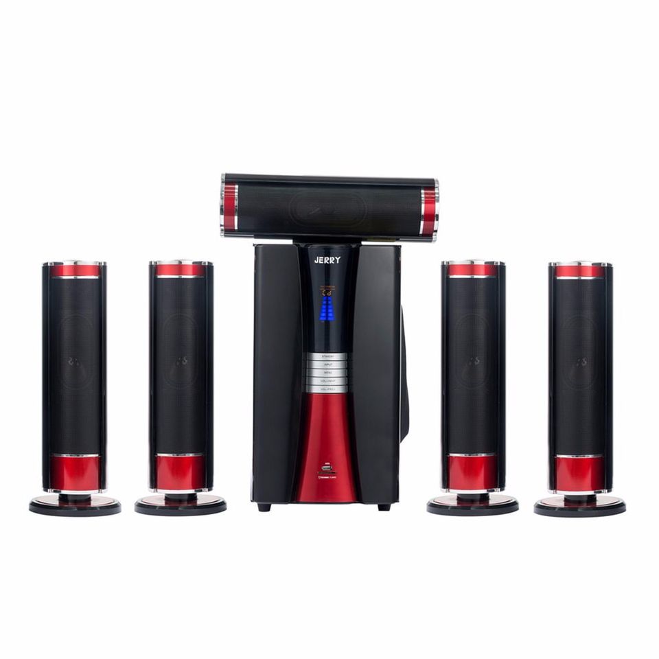 Jerry Power D3 5.1 channel home theater system with subwoofer and satellite speakers.
