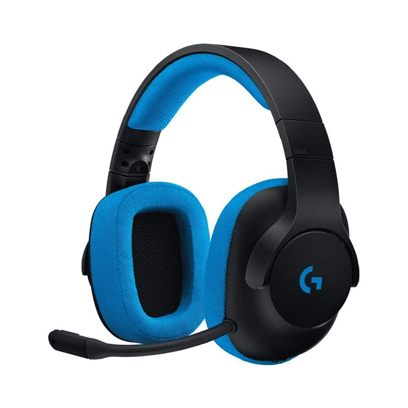 Logitech G233 Prodigy wired gaming headset, black and blue.
