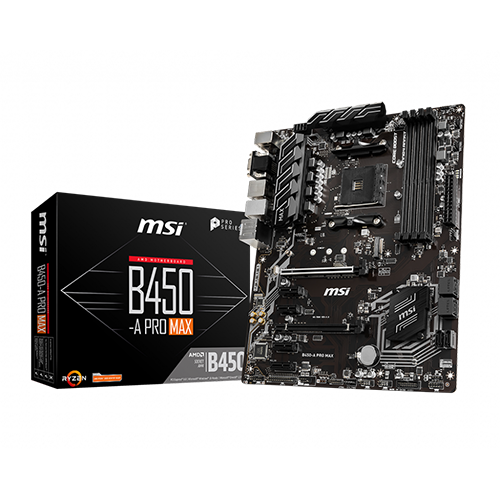 MSI B450-A PRO MAX motherboard shown with its retail box.