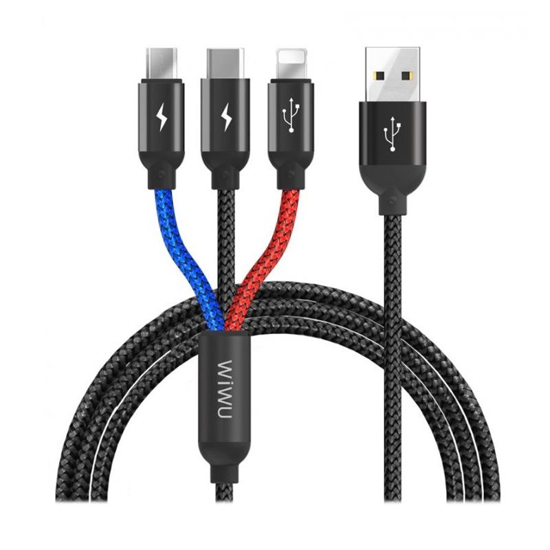 WiWU YZ-102 Atom 3-in-1 fast charging cable with Lightning, Type-C, and Micro USB connectors.
