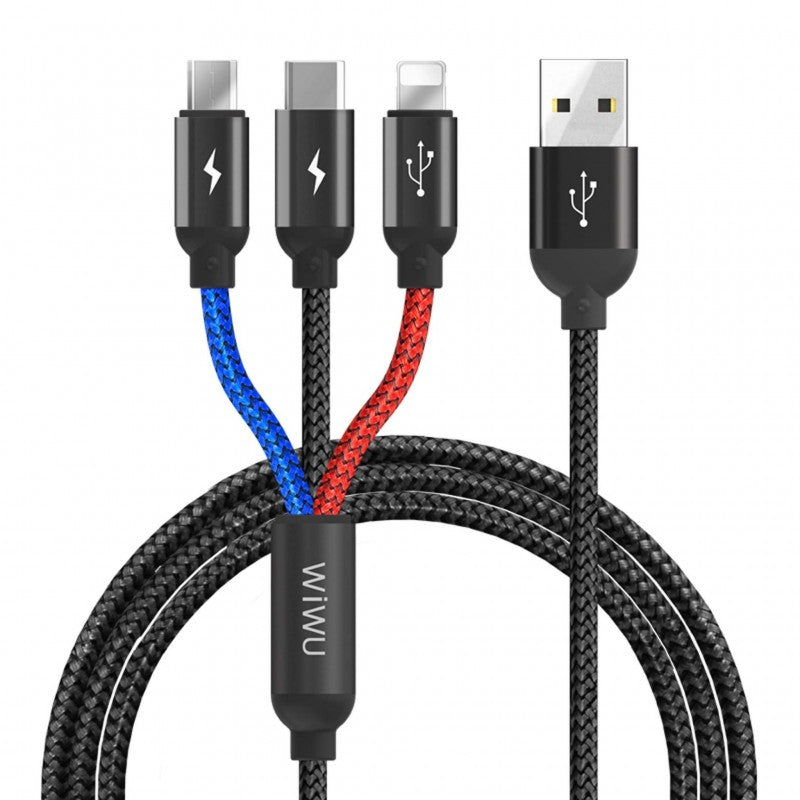 WiWU YZ-102 Atom 3-in-1 fast charging cable with Lightning, Type-C, and Micro USB connectors.